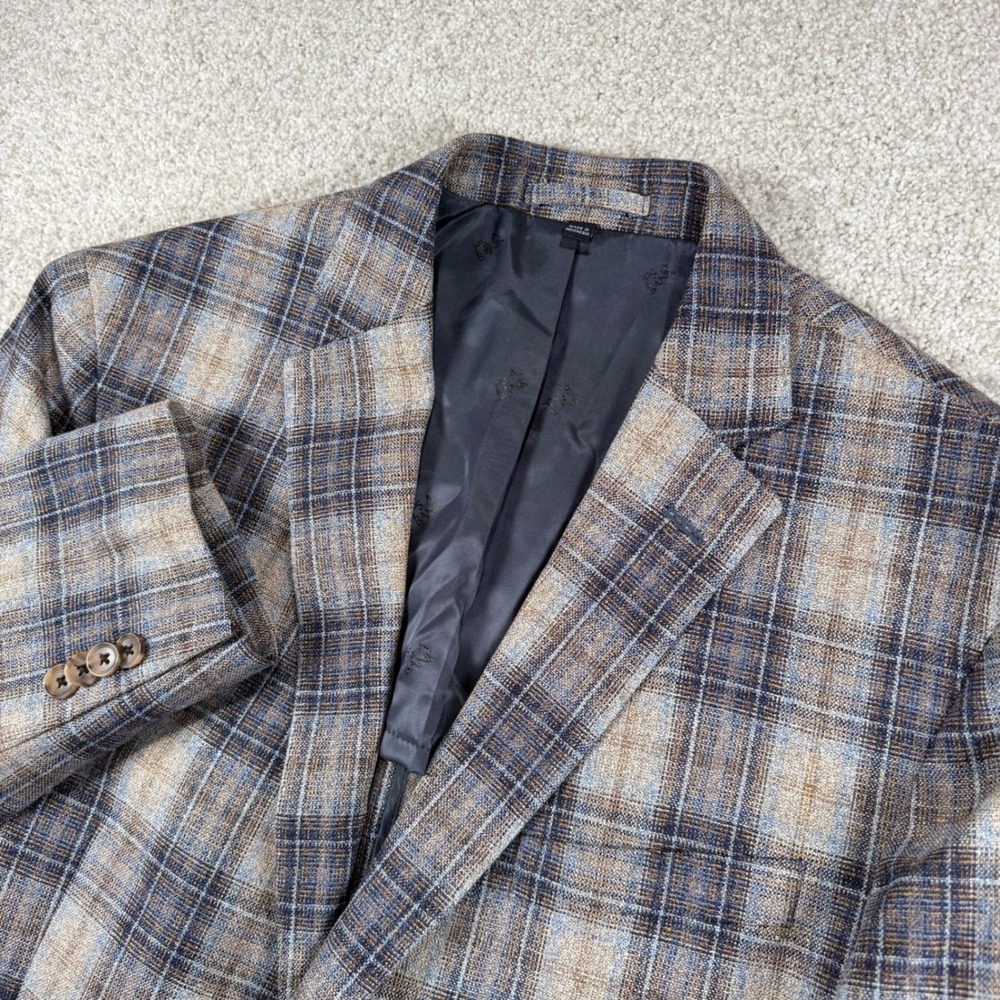 Jos A. Bank Reserve Blazer Men 42 Regular Blue Brown Plaid Silk Virgin Wool